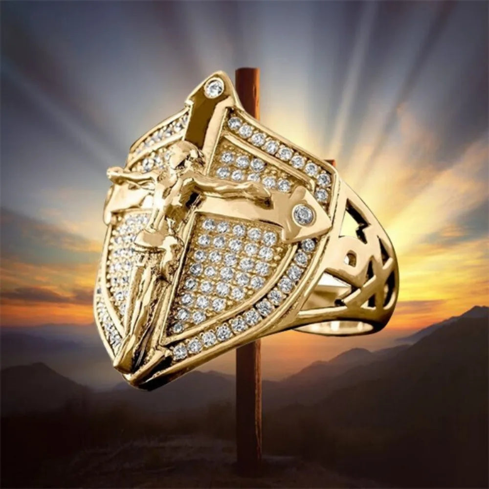 Punk Simple and Elegant Golden Jesus Cross Shield Men's Ring Zirconia Dazzling Motorcycle Men's Accessories