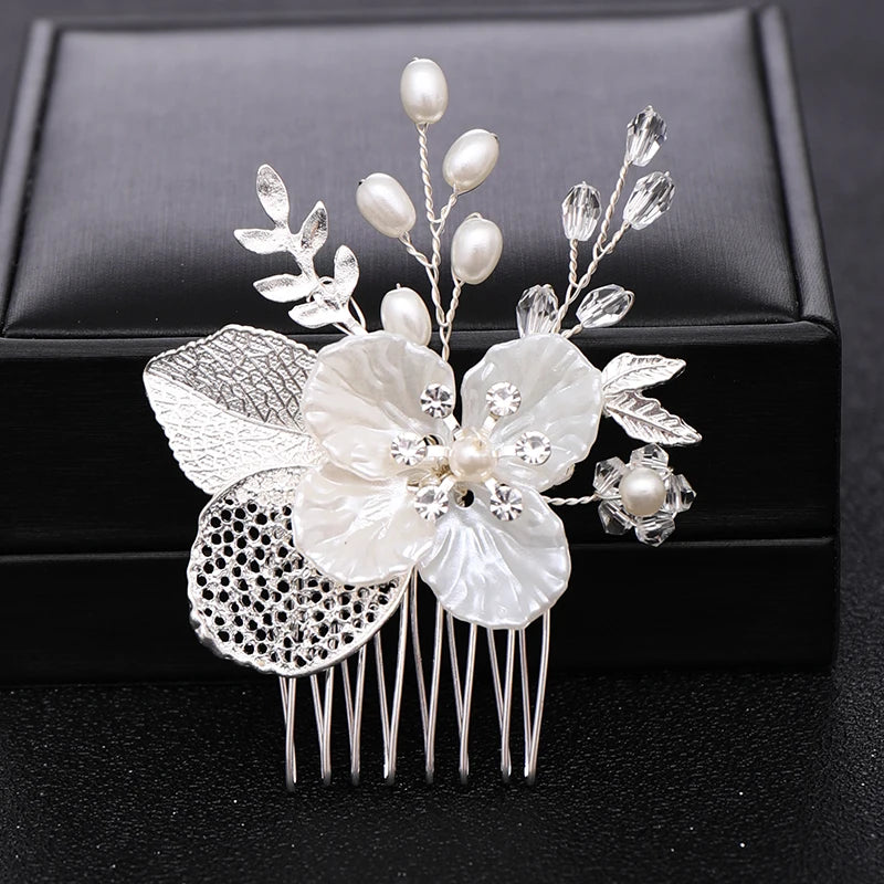 Gold Or Silver Pearl Flower Leaf Crystal Hair Comb Pin Band  For Women Wedding Bridal Hair Accessories Jewelry Comb Gift