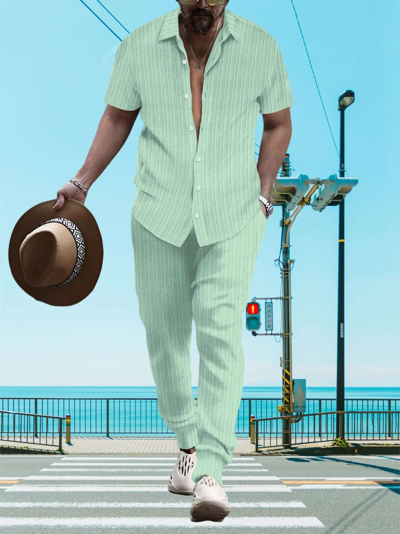 Ultra-thin Ultra-light Summer Men's Shirt Casual Loose Short Sleeve + Trousers Beach Suit Surf Casual Solid Color Lapel Suit