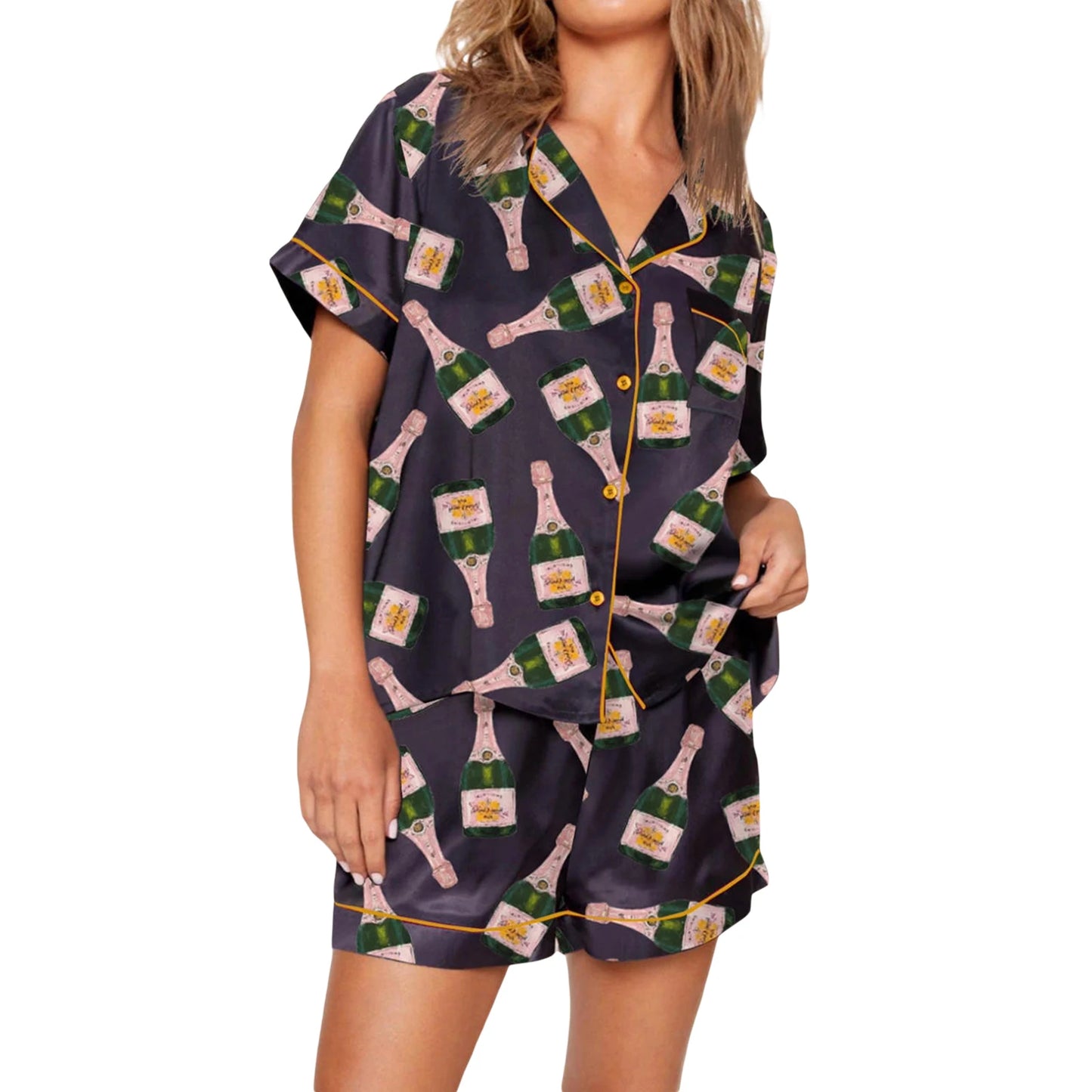 Women s 2 Piece Pajama Set V-Neck Short Sleeve Button Down Tops Drawstring Waist Shorts Sleepwear