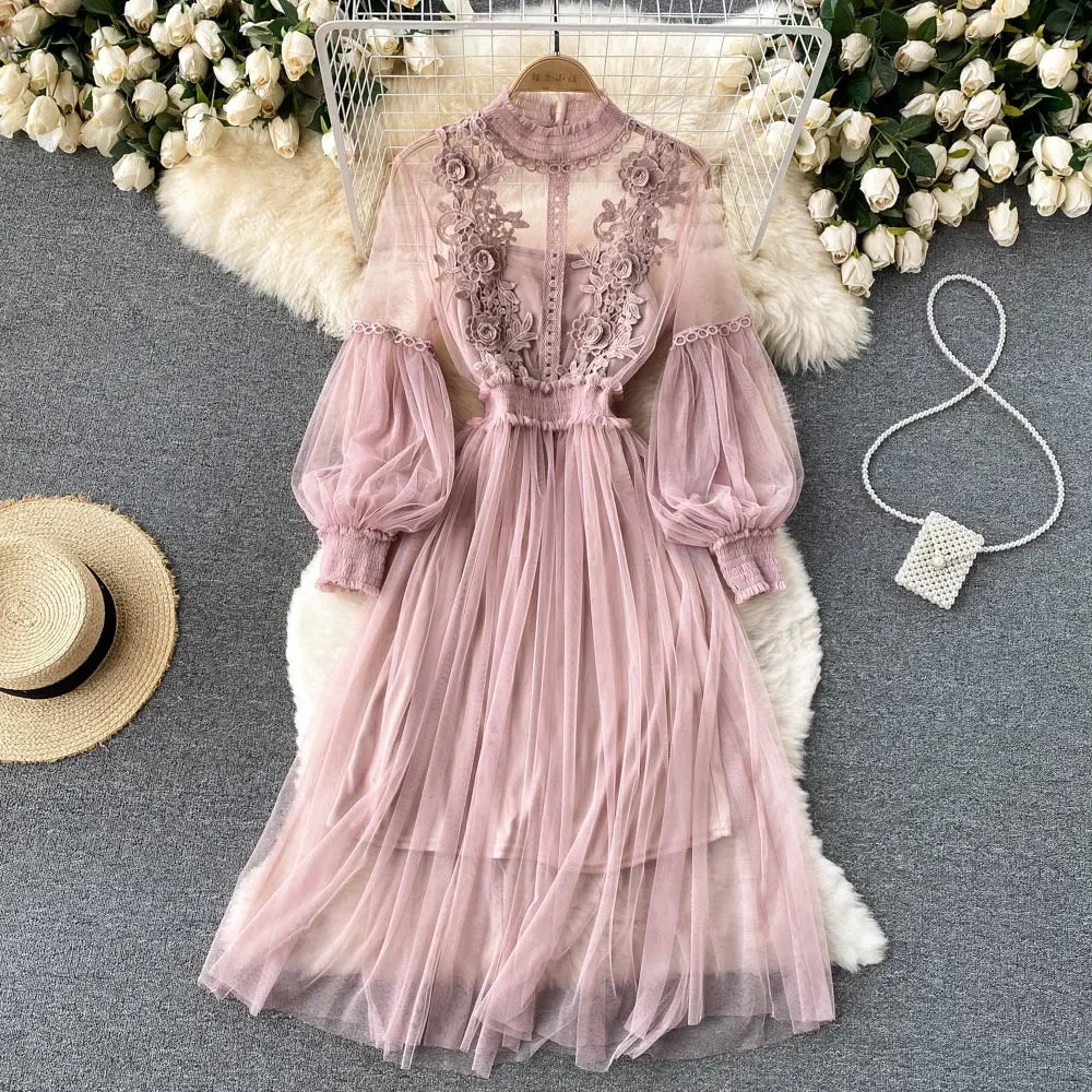 Ladies Dress Three-dimensional Flower Hook Mesh Stand Collar Lantern Sleeve High Waist Female Dresses