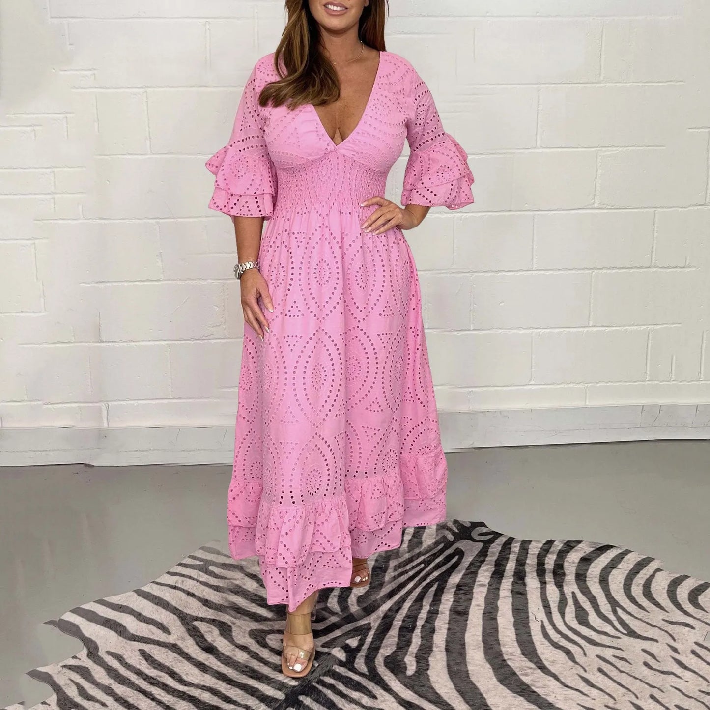 Women's Elegant V-neck  Hollow Out  Long Dress Summer  Casual Flare Sleeve  Dress