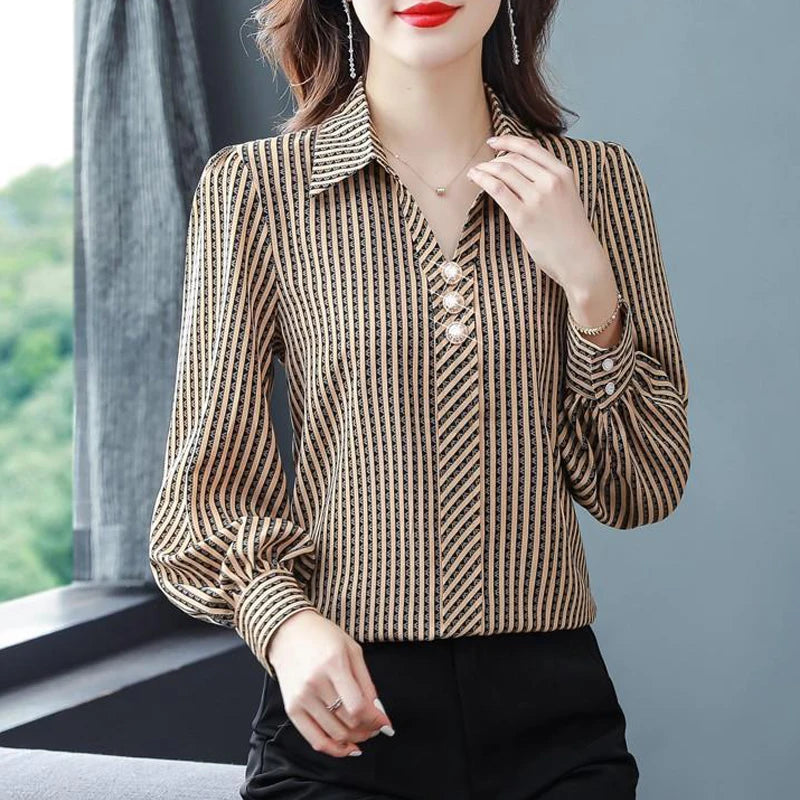 Striped Print  Office  Business Casual Shirt Spring Autumn Long Sleeve