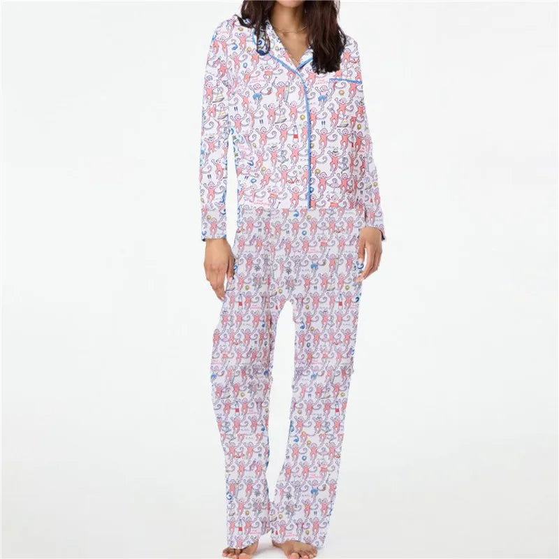 Roller Rabbit Monkey Pajamas Preppy Pjs Pants Sets For Women  Long Sleeve Pajamas Set 2 Piece Loungewear