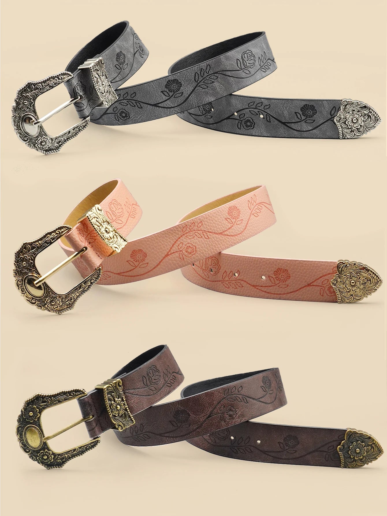 Western Style Printed Solid Color Pu Belt Buckle, Retro Casual Women's Belt, Classic Jeans Decorative Belt