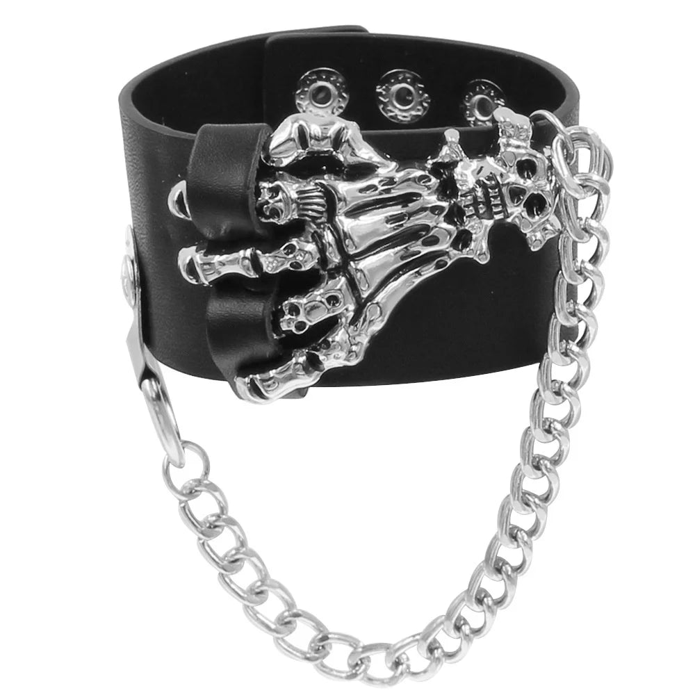 Punk Hip Hop Rock PU Leather Bracelet Unisex Trendy Chain Skull Pentagram Rivet Bracelet