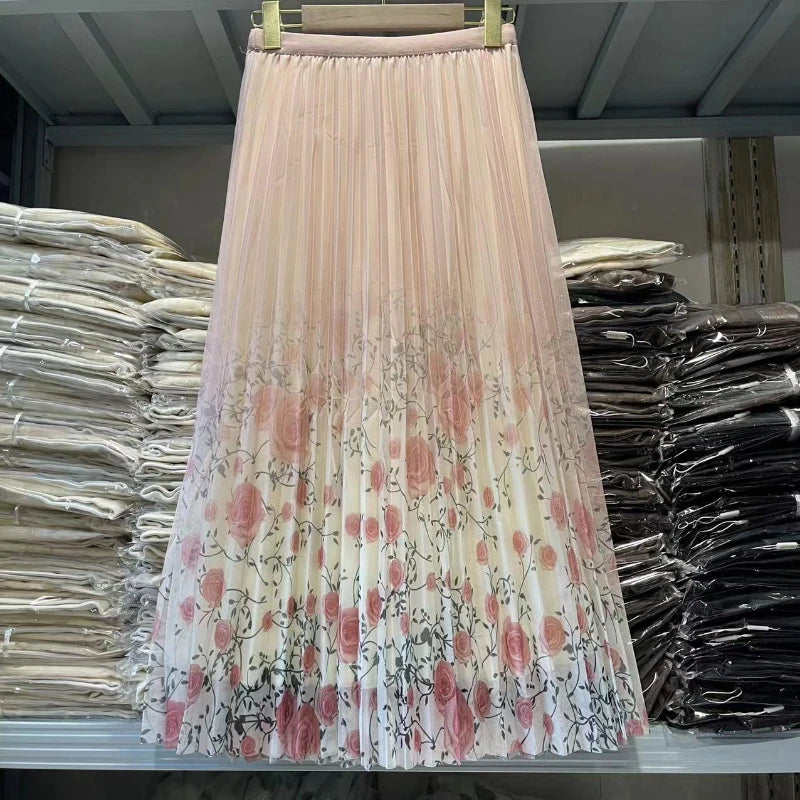 High Waisted Butterfly Printing  Gauze Pleated Casual Spring Autumn Knee Skirt