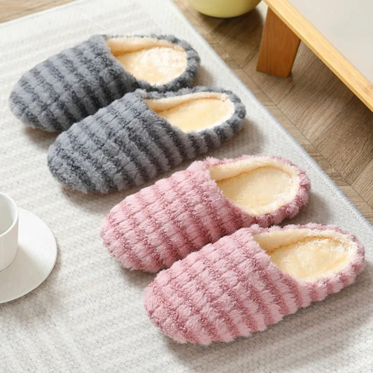 1 Pair Striped Silent Japanese Style Indoor Soft Bottom Anti Slip Cotton Slippers, Winter Insulation Durable Home Cotton Slipper