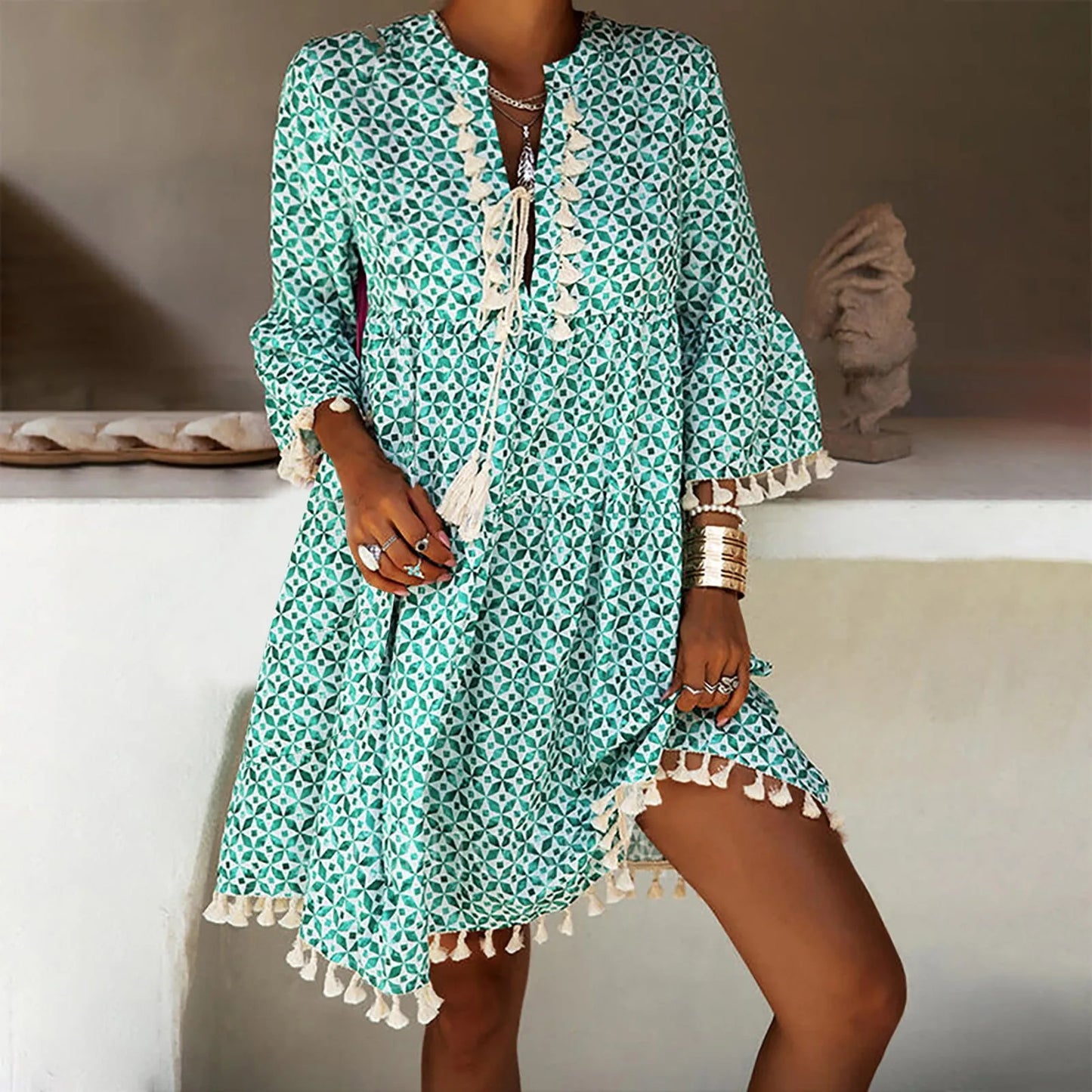 Ladies Lace Trim V Neck Short Sleeve Loose  Dress with Pockets Fashion Women Summer Casual Bohemian Print Dress