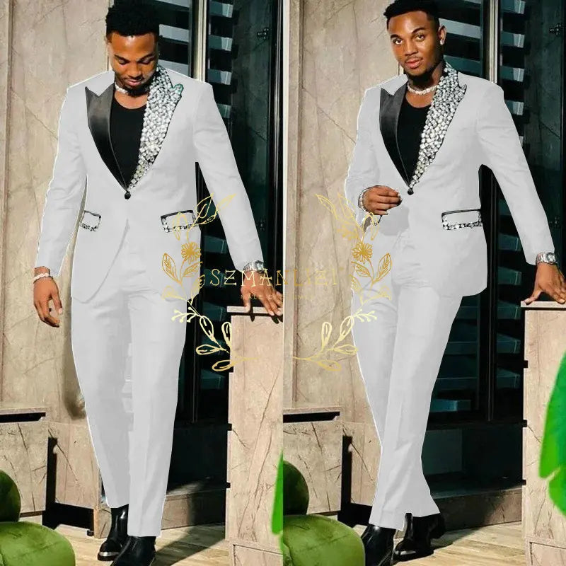 Suits for Men Slim Fit Single Breasted Peak Lapel Blazer High Quality Crystal Prom Party 2 Piece Jacket Pants Sets Terno