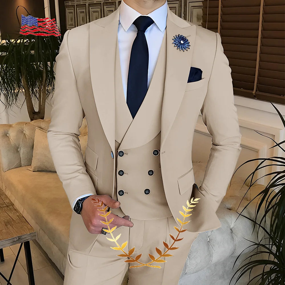 Men's Suit Jacket Pants Vest 3-piece Set Slim Fit Handsome Men Blazer for Party