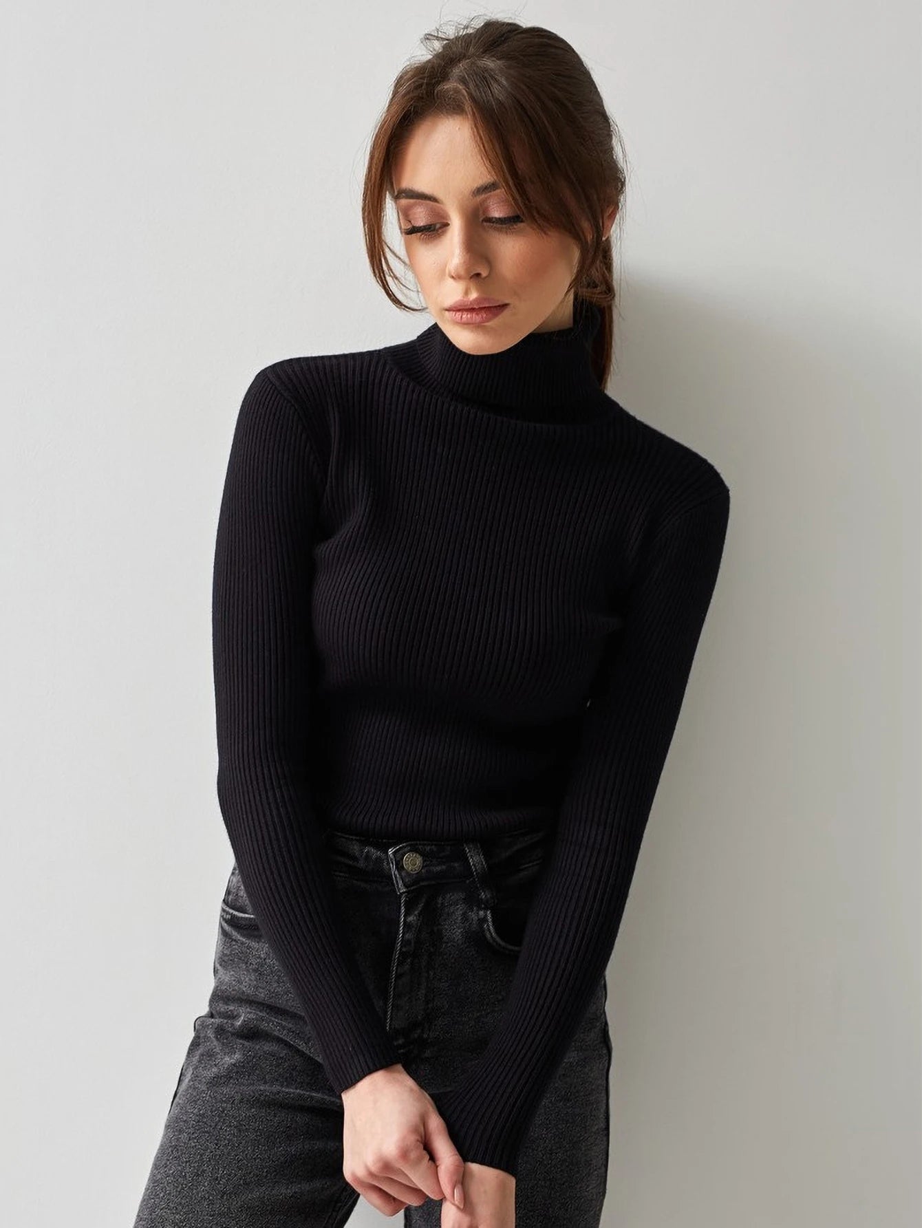 New Elegant Style Simplicity High Collar Solid Color Regular Sleeve Sweater Pullover