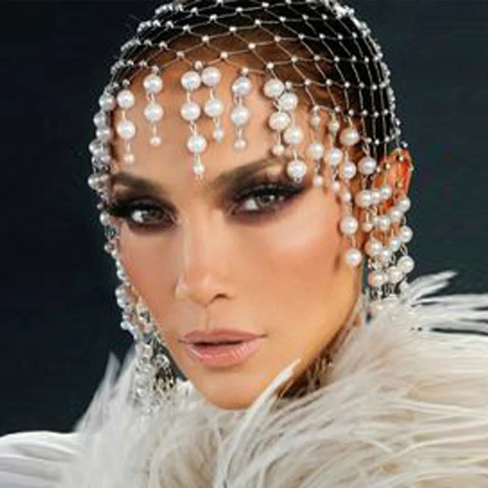 Pearl Tassel Hair Accessories  Handmade Hollowed Mesh  Head Cap