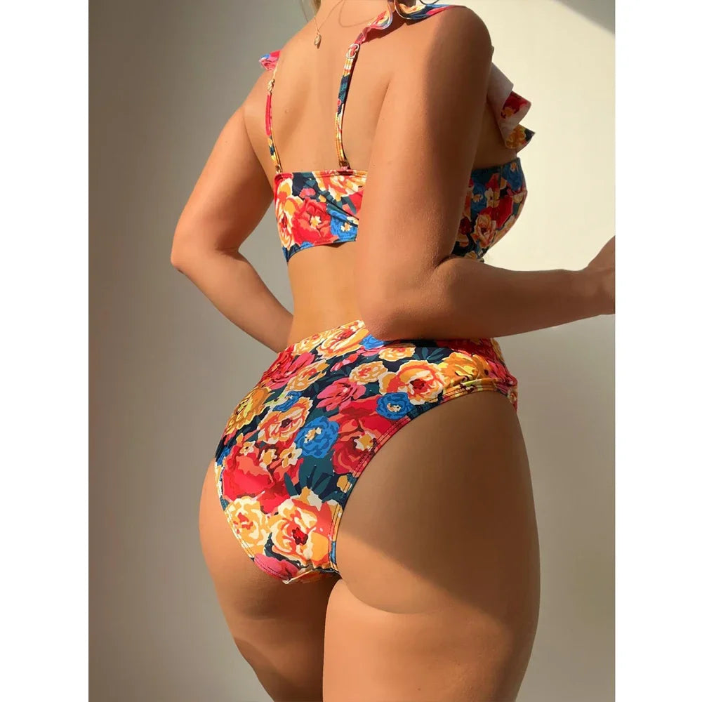 Floral Print Swimsuit Women 2 Piece Ruffle Bikini  Underwire Push Up Bathing Suit High Waist Swimwear