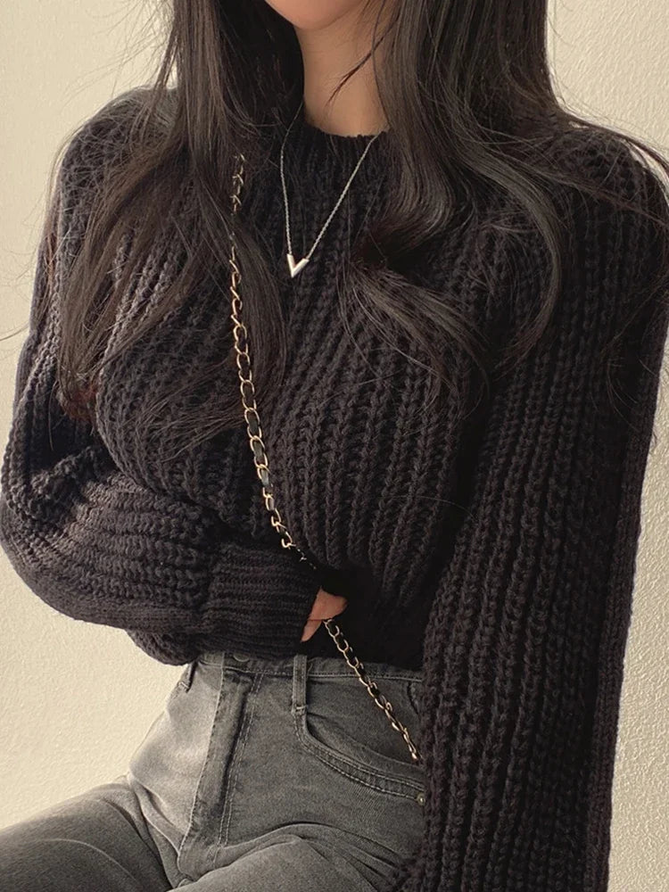 Loose Vintage  Lantern Long Sleeve Women Sweater  Autumn Winter Knitwear Soft Warm Tops Chic Solid Femme Sweater