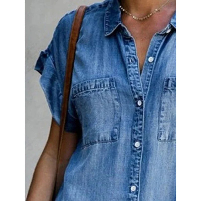Single Breasted Denim Shirt Dress Women's Casual Loose Pocket Simple Retro Commuter Female Office Denim