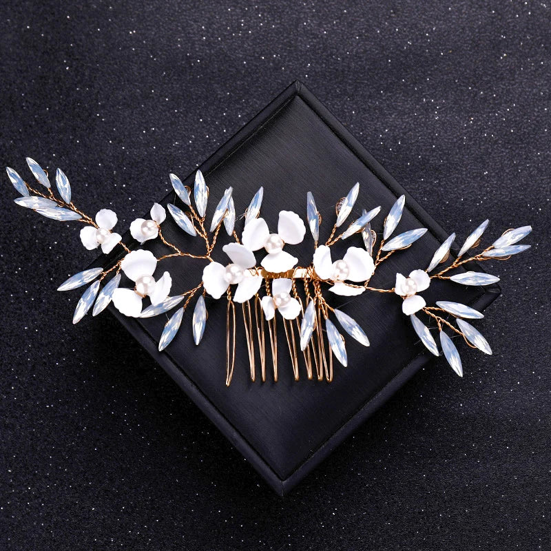 Gold Color Crystal Pearl Hair Comb Headband For Women Bride Party Bridal Wedding Hair Accessories Jewelry Comb Headband