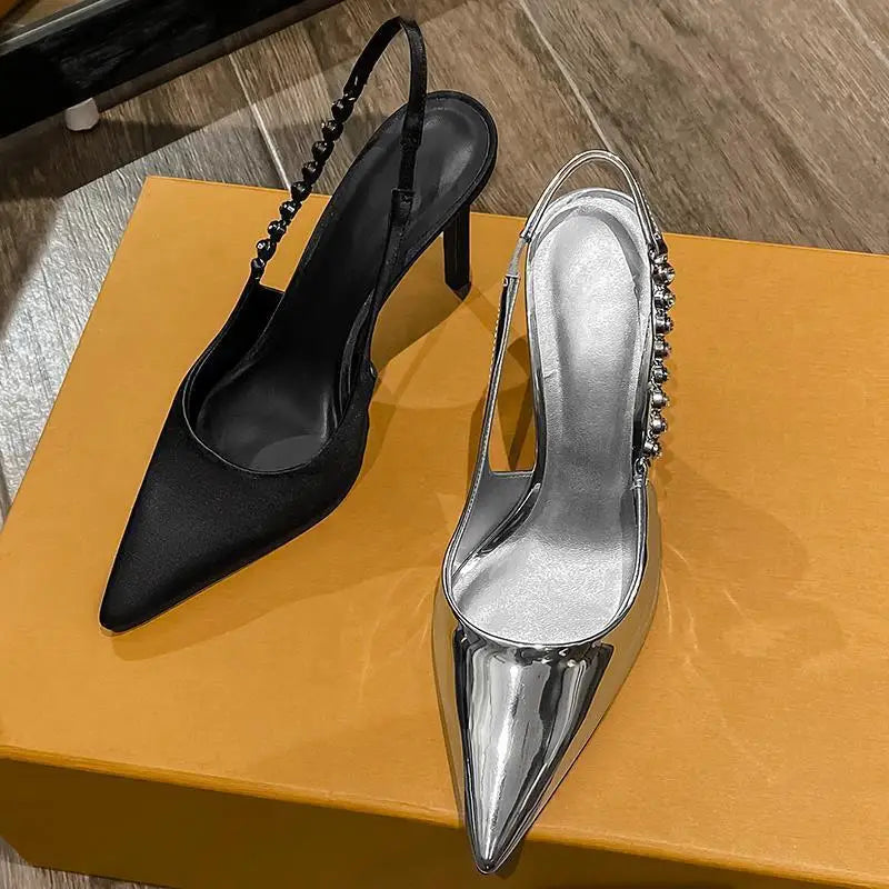 Metallic Crystal Sandals Shiny High Heels Sling back Silver Stiletto Heeled Shoes Party Dress Shoes