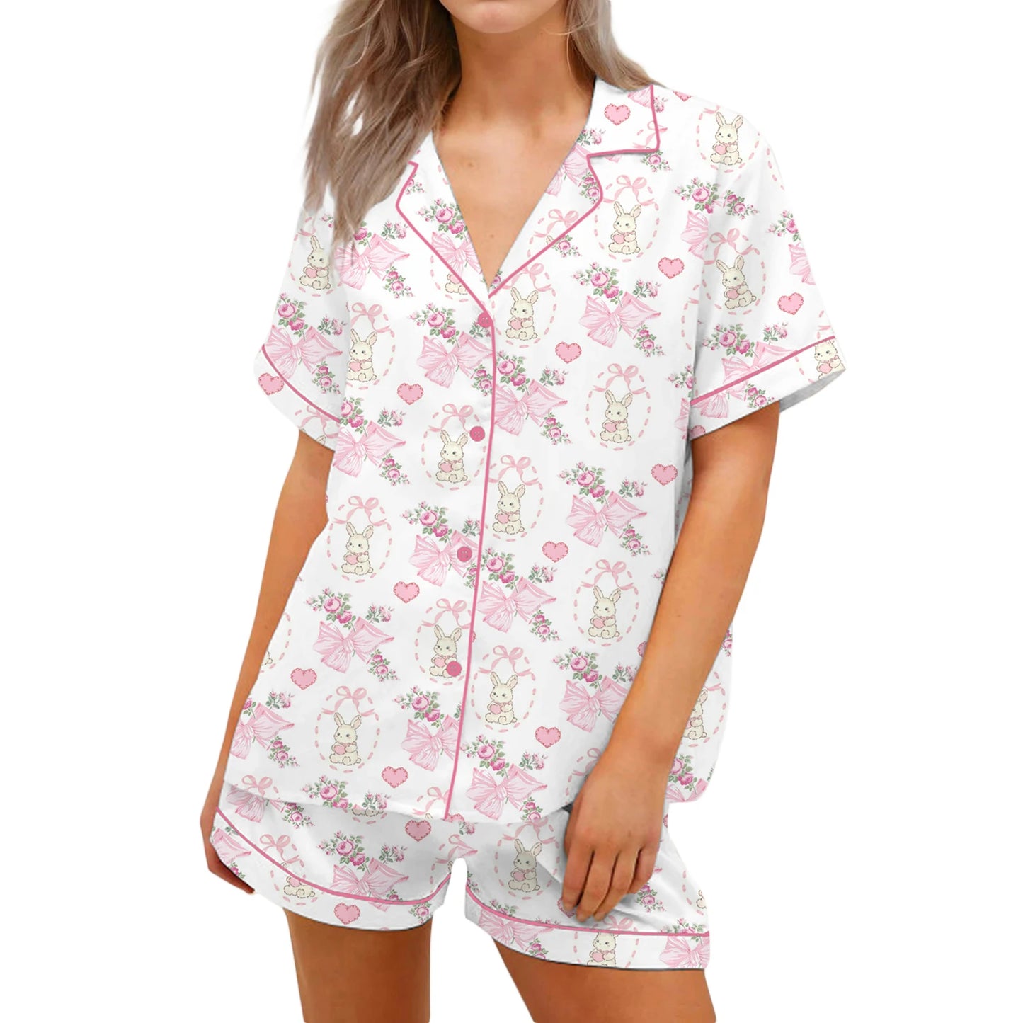 Women s Pajama Set with Cute Bunny Print Short Sleeve Button-up Top and Shorts 2 Piece Lounge Outfit