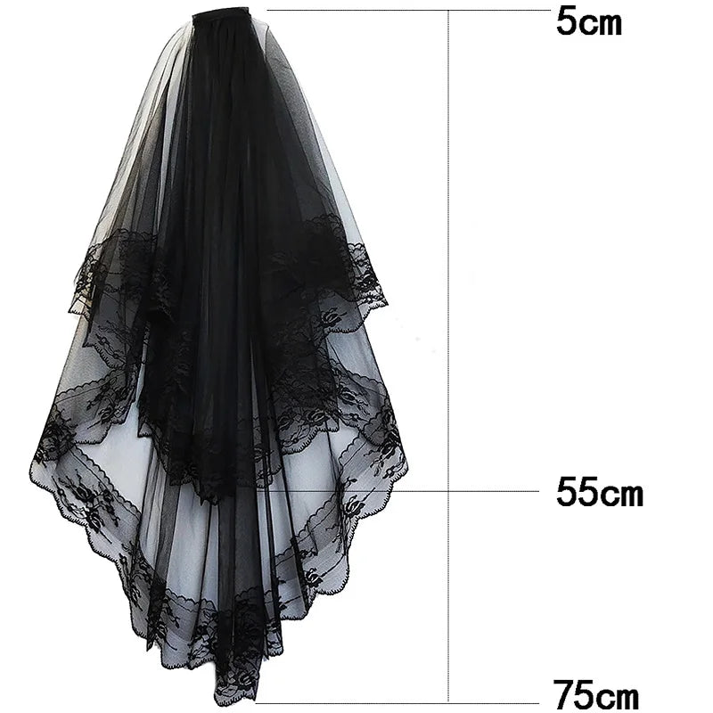 2 Tier Black/White Flower Lace Edge Bridal Veils with Comb Elegant Vintage Wedding Hair Accessories