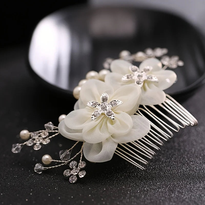 Hair Comb Flower Hair Ornaments Hair Comb Pearl Rhinestone Headpiece For Women Girls Headdress Floral Jewelry