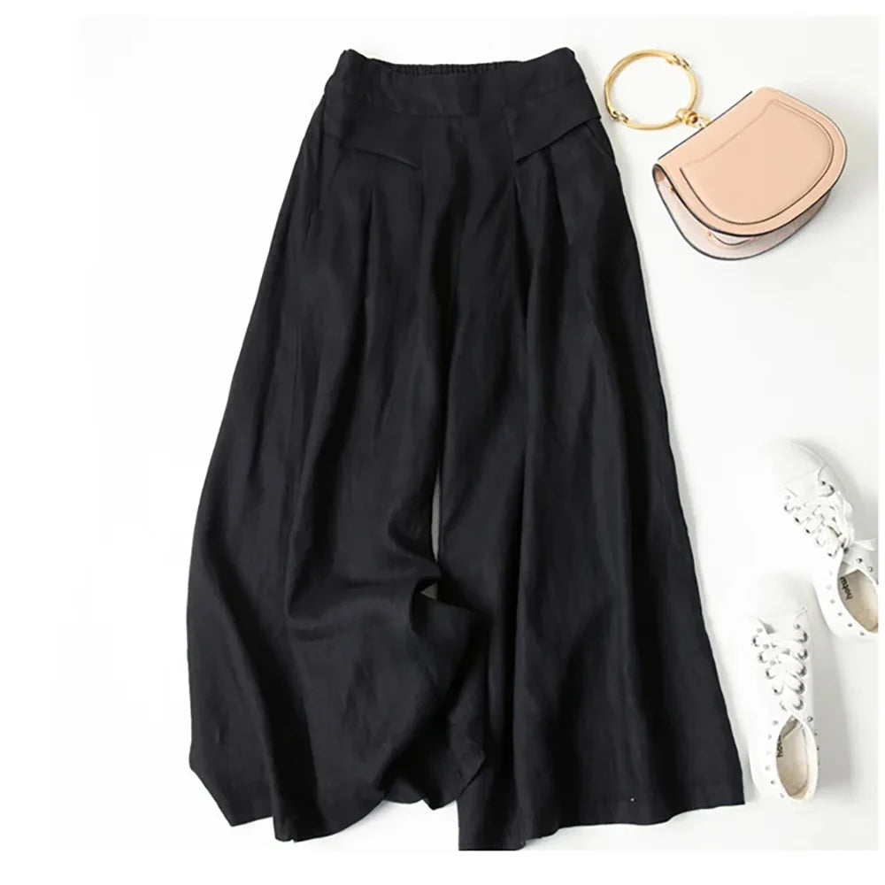 Summer Pants for Women Cotton Linen Large Size Wide Leg Pants Femme Arts Style Elastic Waist Solid Casual Loose