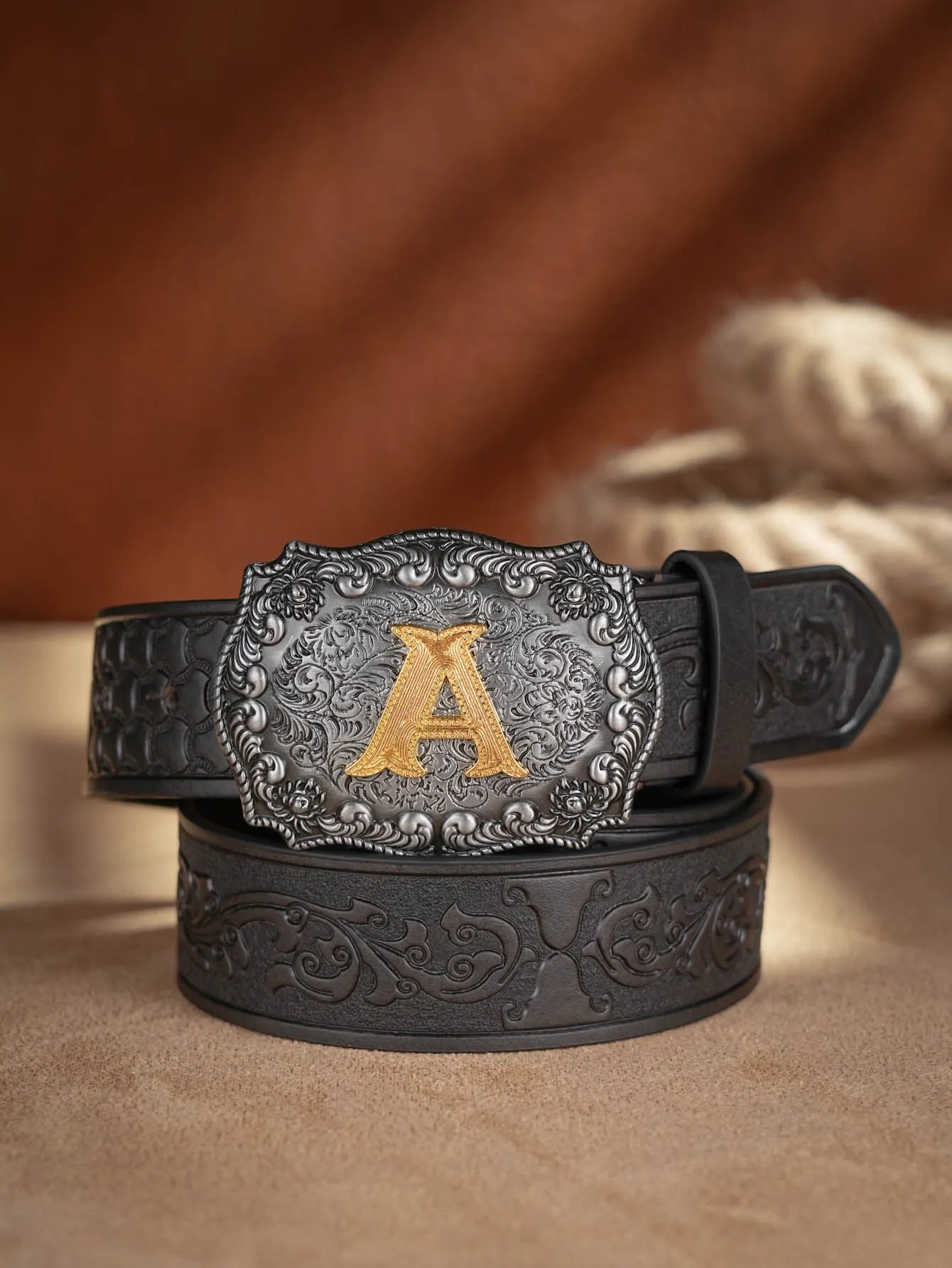 Western Cowboy PU Leather Belt  Waist Strap Bull Decoration Floral Engraved for Jeans