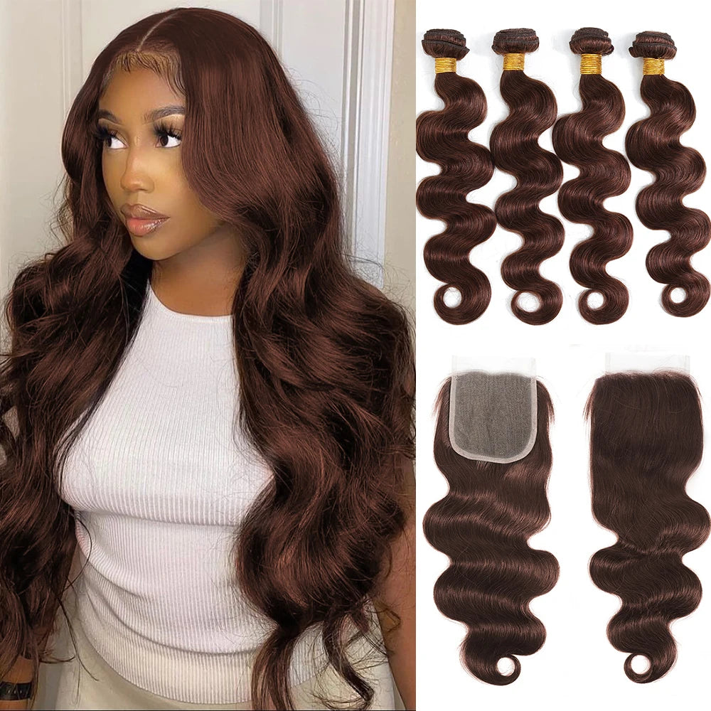 10A Brazilian Bundles with Closure Body Wave Bundles Human Hair With 4x4 Lace Closure Brown Blonde Colored 3/4 Weave Extensions
