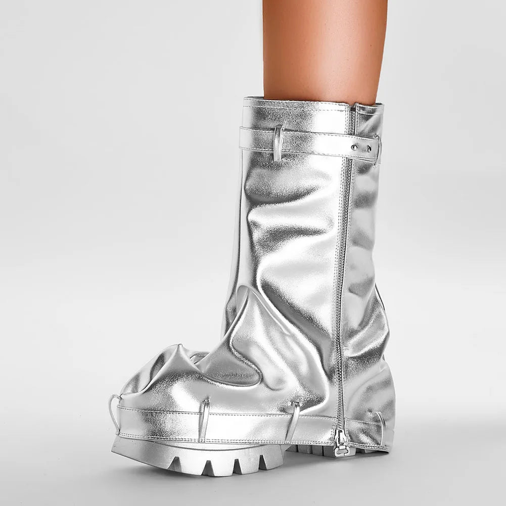 Slouchy Boots Wide Calf Pleated Platform Glitter Metallic Silver Chunky Heel Stacked Pull On Mid Calf
