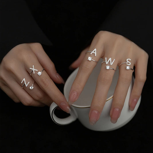 Shining Rhinestone 26 Letters Adjustable Rings  Initial A-Z Alphabet Opening Ring