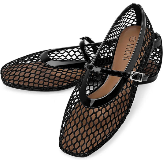 Mesh Ballet Flats for Women Comfortable Square Toe Ballerina Flats Buckle Strap Casual Fishnet Flat Shoes