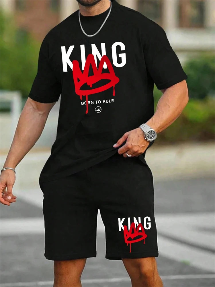 Men's Short Sleeve Shorts Set Fashion King Printed T-Shirt Shorts Sets of Casual Round Neck Breathable Sportswear