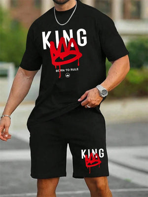 Men's Short Sleeve Shorts Set Fashion King Printed T-Shirt Shorts Sets of Casual Round Neck Breathable Sportswear