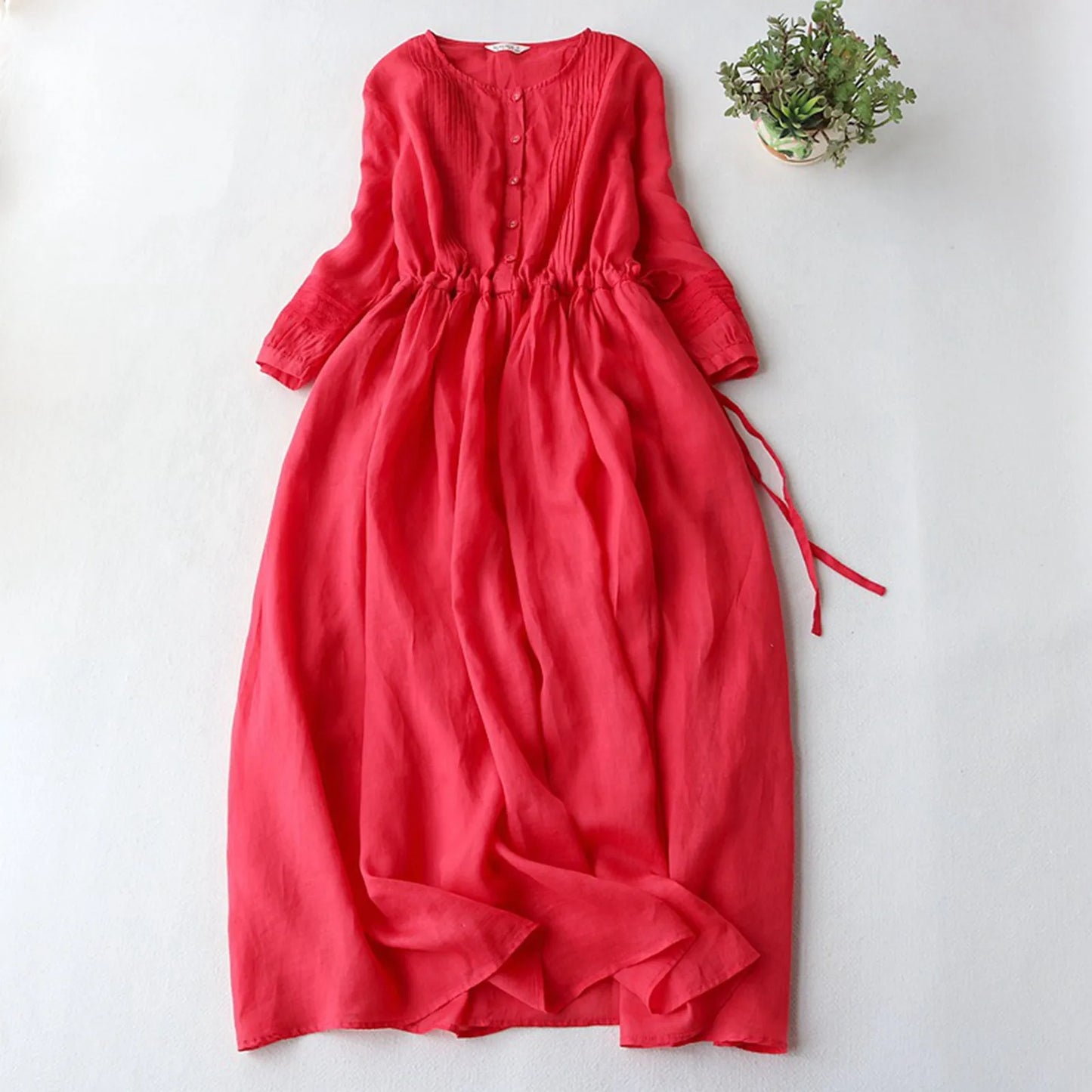 Summer Women's Loose Linen Long Dress Elegant Vintage Elastic Tunic Waist Casual Baggy Dress Female Sundress