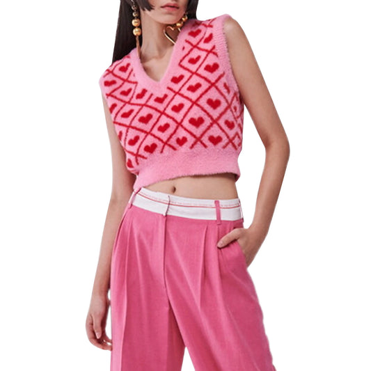 Women s Cozy Sleeveless Sweater Vest with Deep V Neckline and Heart Print Detail