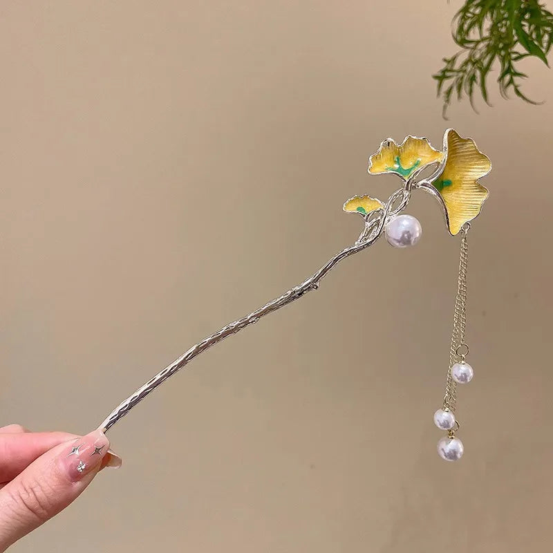 Elegant Chinese Style Hair Accessory Romantic Enameled Flower Tassel Hair Pin Alloy Jewelry Hairpin For Women Fashion Hairpin