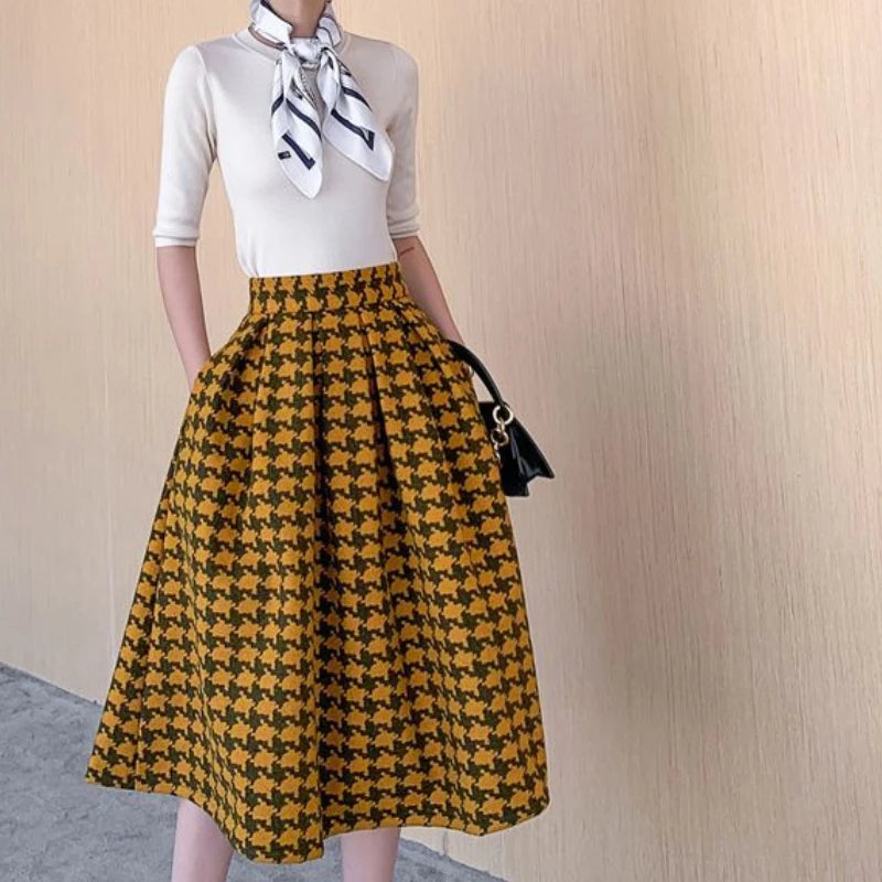 Plaid Woolen Skirts for Women Retro  A-line Contrast Color Long Skirt