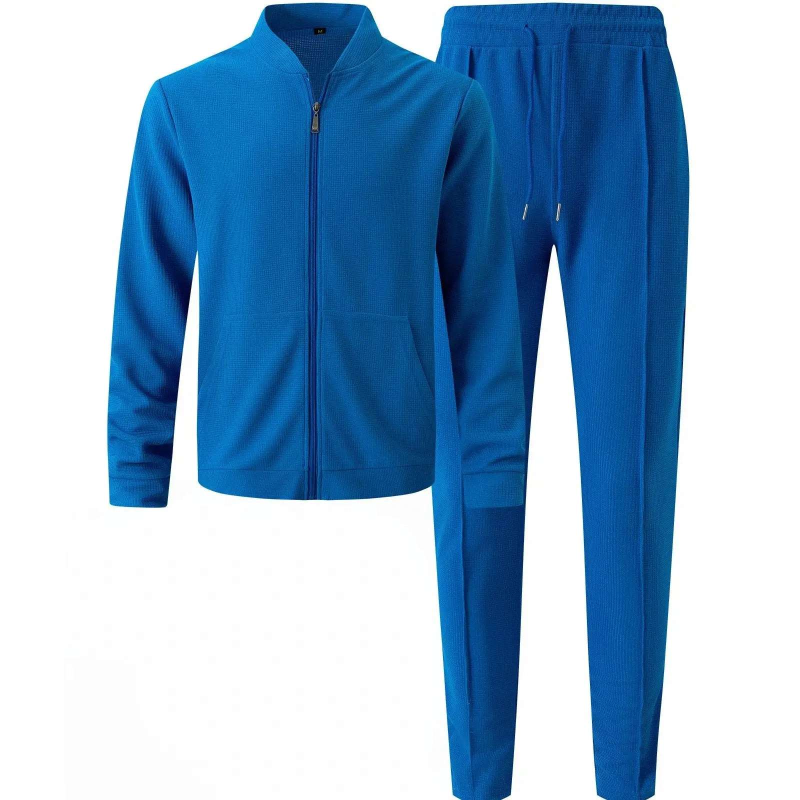 Spring men's casual blazer set new fashion Waffle baseball suit round neck pocket zipper long sleeve trousers two-piece set