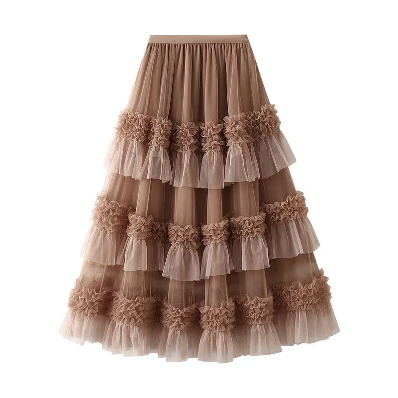 Large Swing Gauze Skirt High Waist Color Block Mesh Ruffles Layers