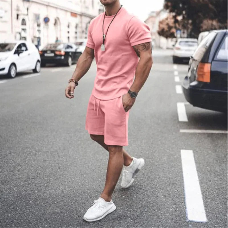 Solid Color Europe and The United States Men's  Summer  Short Sleeve T-shirt  +Shorts 2pcs Set Leisure Sports Men Suit