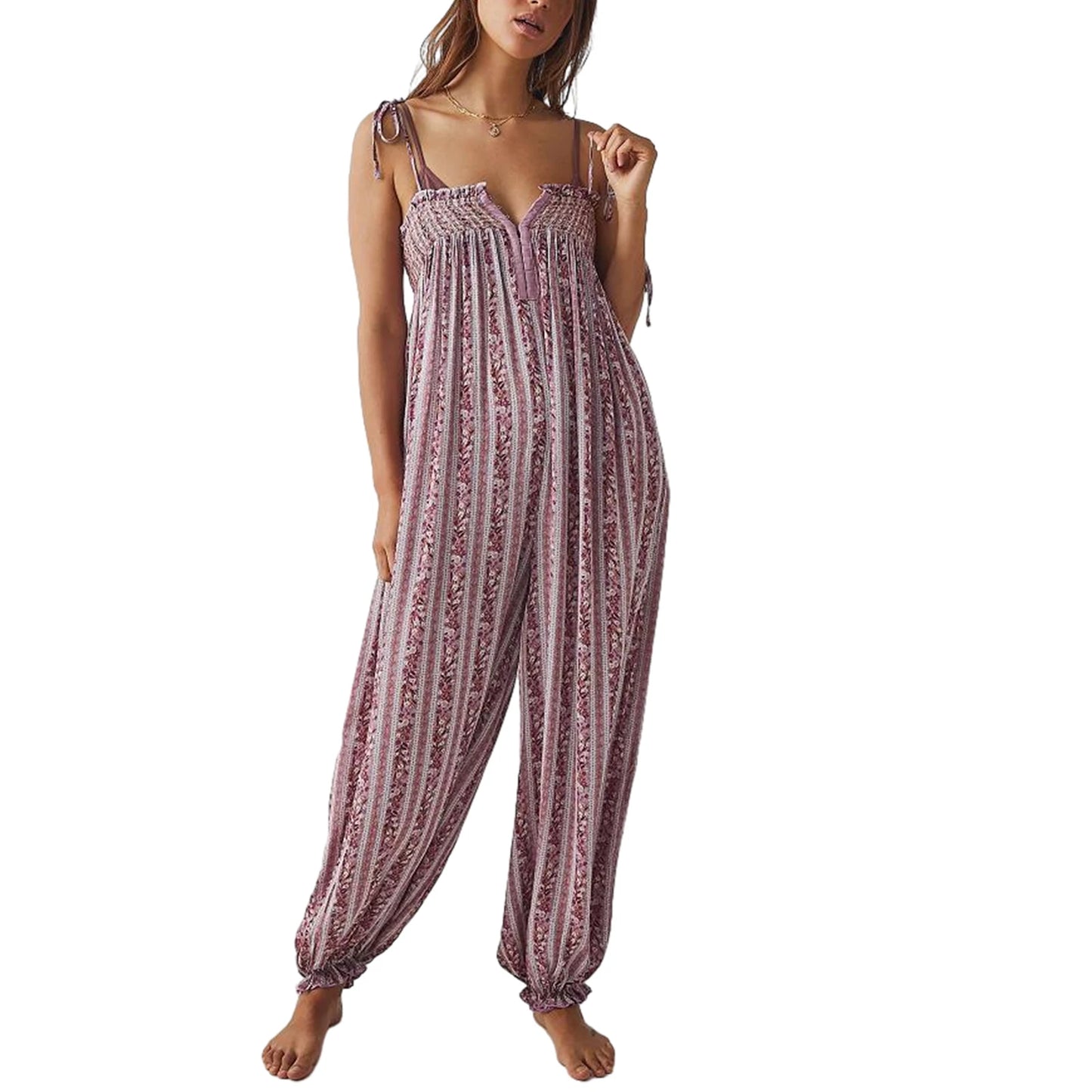Women Summer Cami Jumpsuits Retro Floral Print Tie-Up Spaghetti Strap Sleeveless Long Rompers Fashion Loose