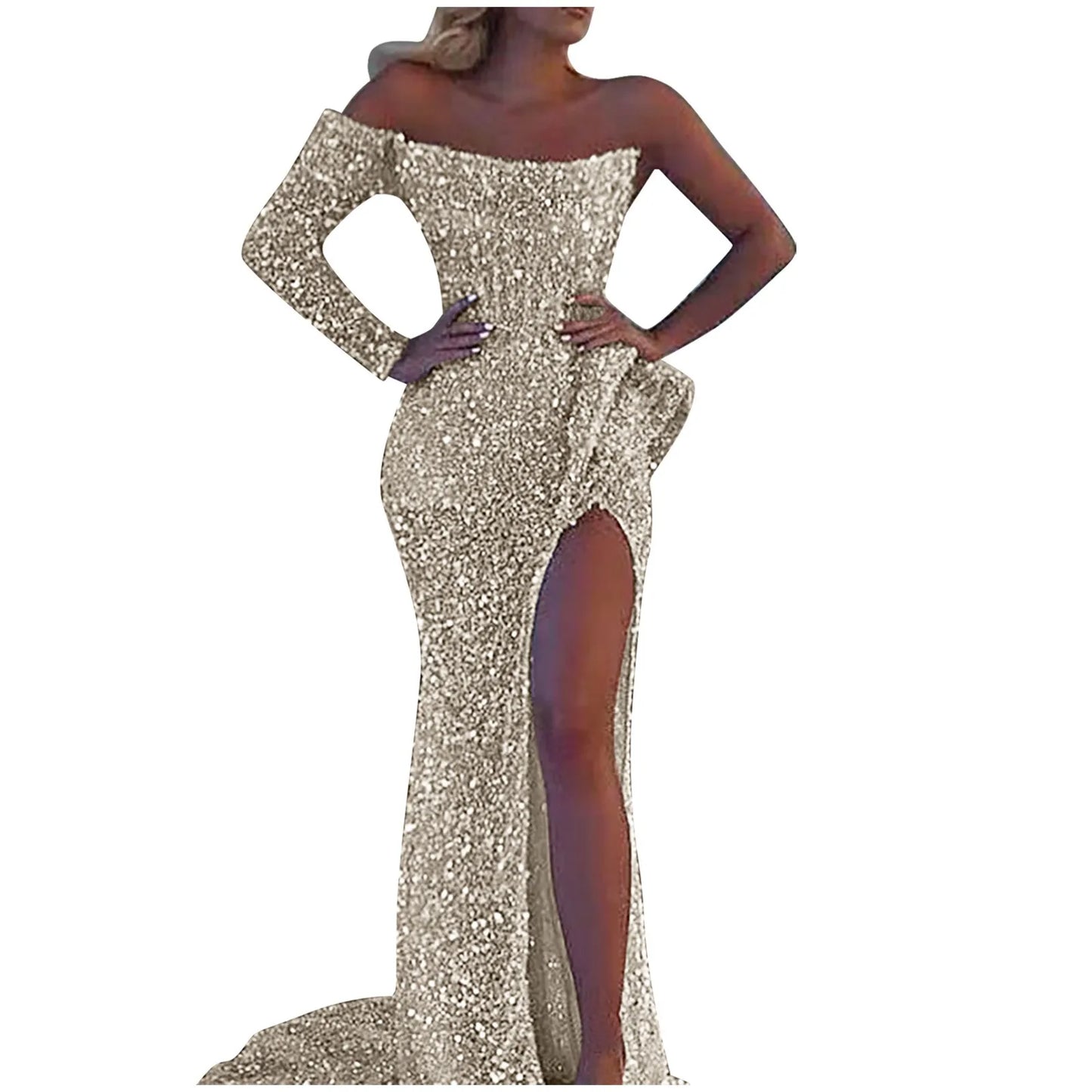 Elegant Sparkly Sequins Dresses Women  Fashion Mermaid Slash Neck One Shoulder Wedding Prom Dress  Split Evening Dress