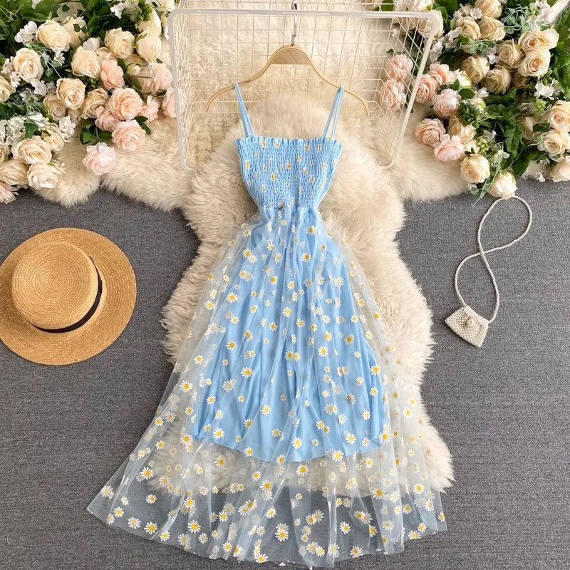 Women's Dress Fashion Floral Print Spaghetti Straps Mesh Party Dress Vacation Style Beach