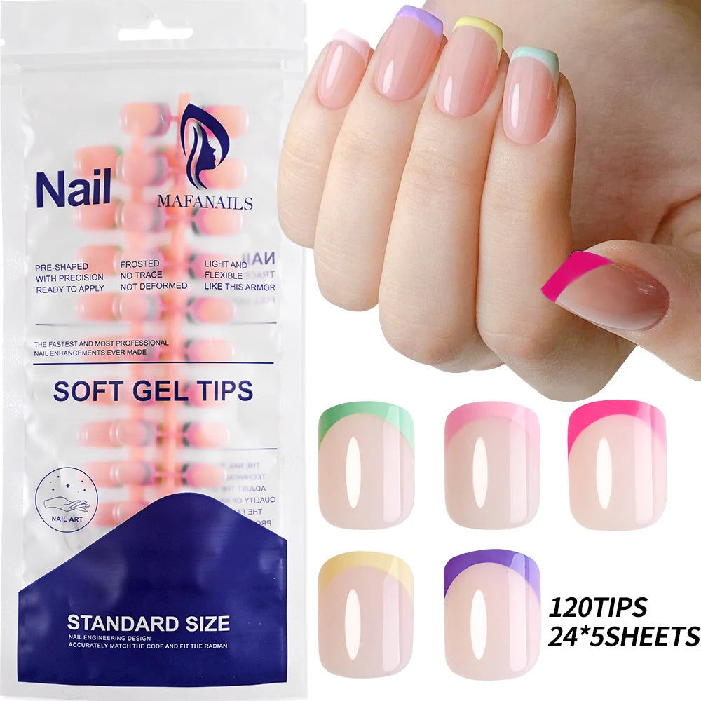 120pcs Pink French Tip Press-On Nails Medium Length Square Shape With Glossy Finish False Nails Full Cover Pre-Shaped Fake Nails