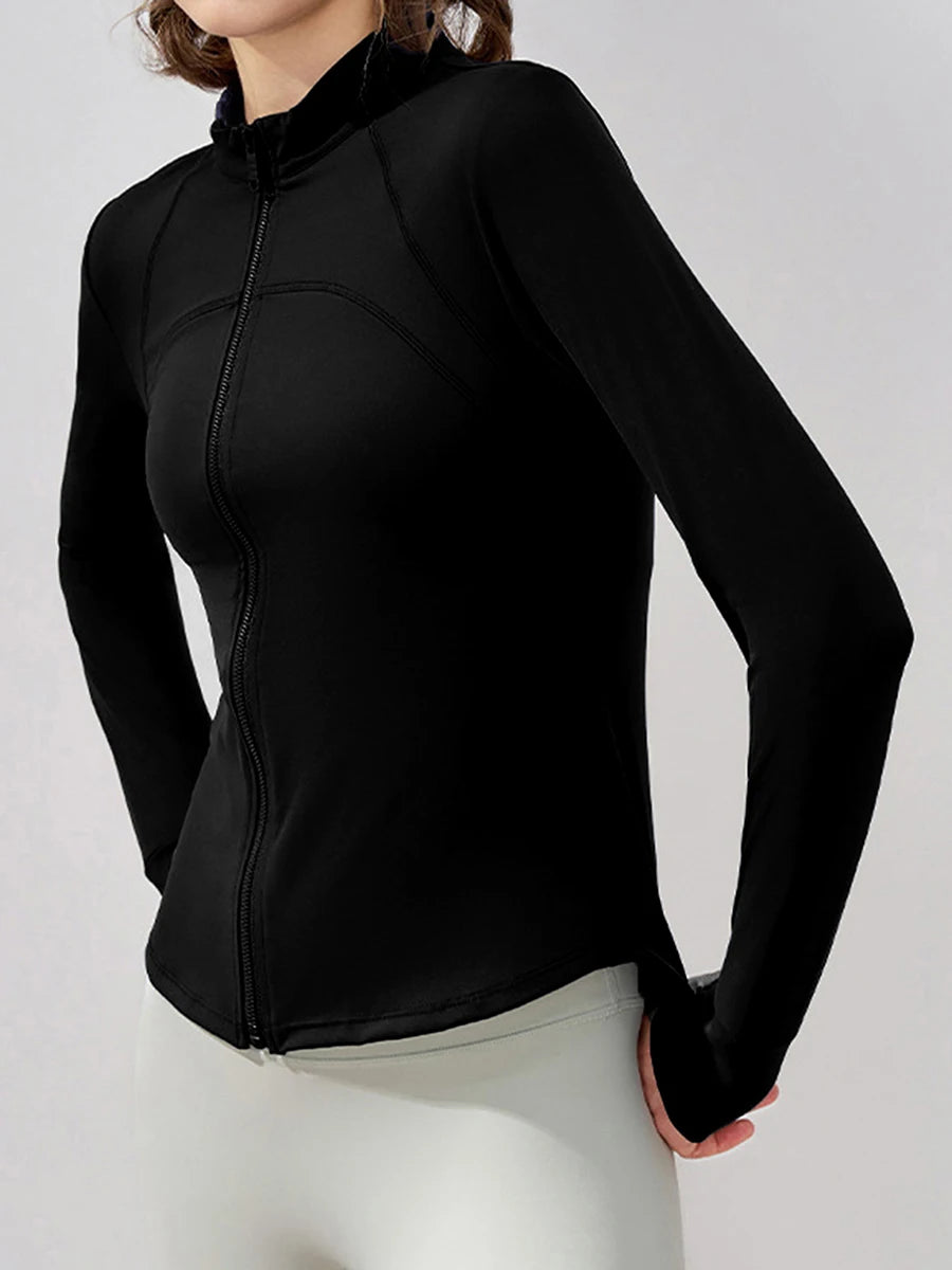 Full Zip Yoga Jacket with Solid Color Long Sleeves Stand Collar  Fit and Thumb Holes for Active Wear