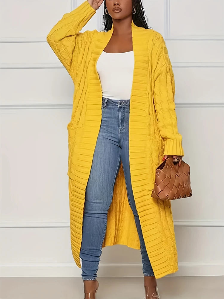 Autumn and Winter Fashion Women's Long Cardigan Sleeve Pocket Solid Colour Relaxed Sweater Acrylic Material