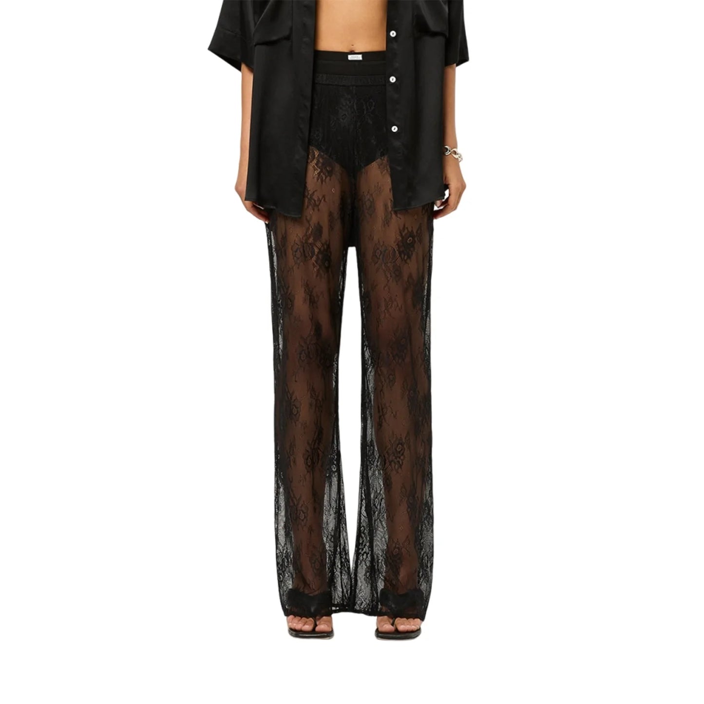 Women s Lace Pants Floral Pattern Sheer High Waist Wide Leg Trousers Elegant Casual Bottoms for Summer Beach Party Wear