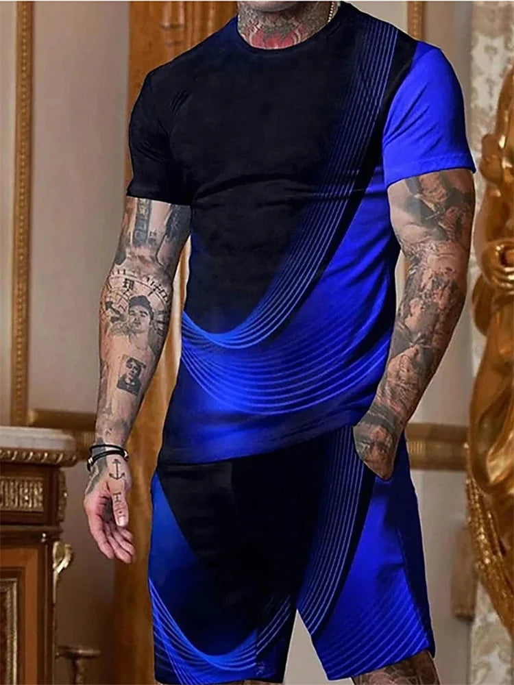 Men's Short-sleeved Shorts Suit Summer Fashion Round Neck T-shirt, Shorts Two-piece Street Shooting Casual Clothing