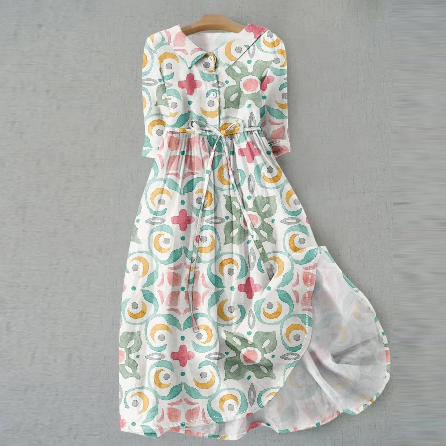 Floral Elegant  Lapel Button Evening Party Dresses Three Quarter Sleeves Formal Wear Mid-Calf  Summer Dress