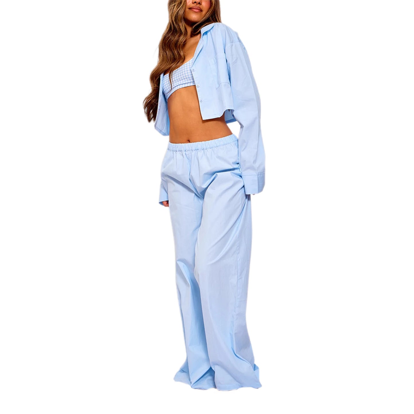 Elegant Women s Pajama Set with Lapel Neckline Button-up Crop Top Long Sleeve and Matching Long Pants